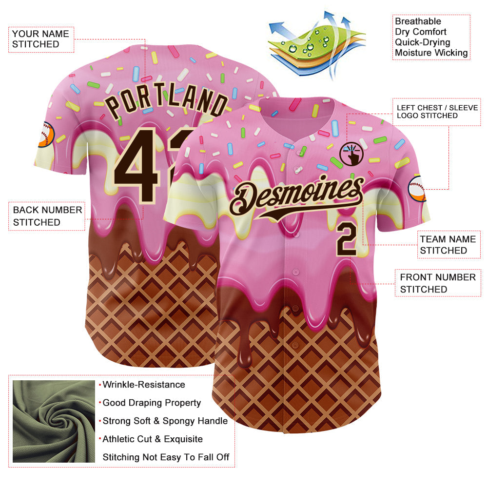 Custom Light Pink Brown-Cream Foodie Food Dessert Melting Cream Waffle Grid Authentic Baseball Jersey view 3