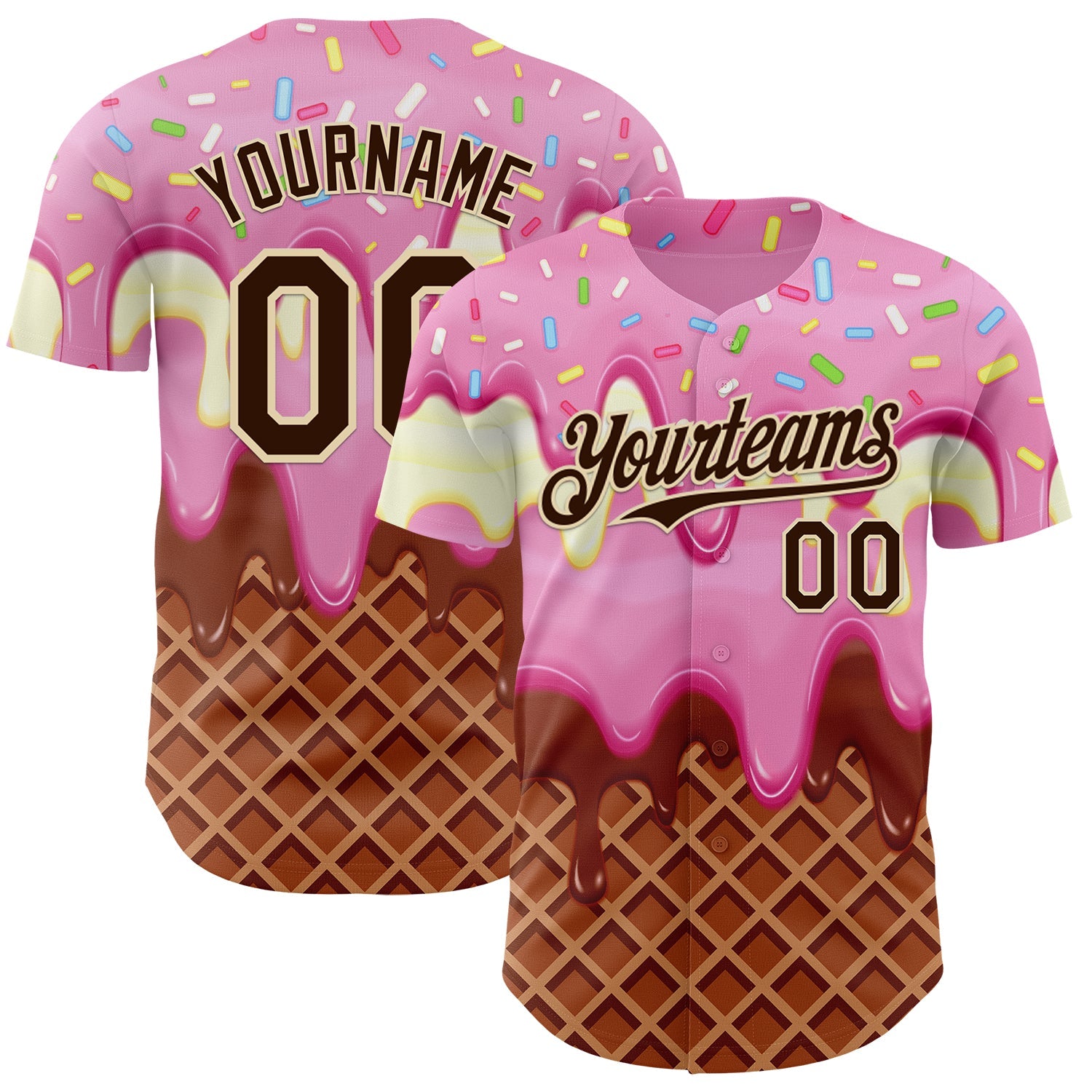 Custom Light Pink Brown-Cream Foodie Food Dessert Melting Cream Waffle Grid Authentic Baseball Jersey - Main View