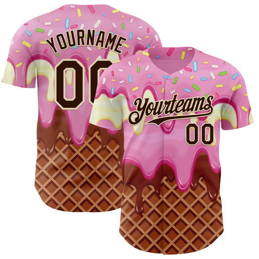 Custom Light Pink Brown-Cream Foodie Food Dessert Melting Cream Waffle Grid Authentic Baseball Jersey - Main View
