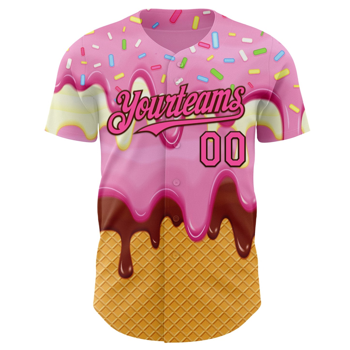 Custom Light Pink Pink Yellow-Brown Foodie Food Dessert Melting Cream Waffle Grid Authentic Baseball Jersey view 2