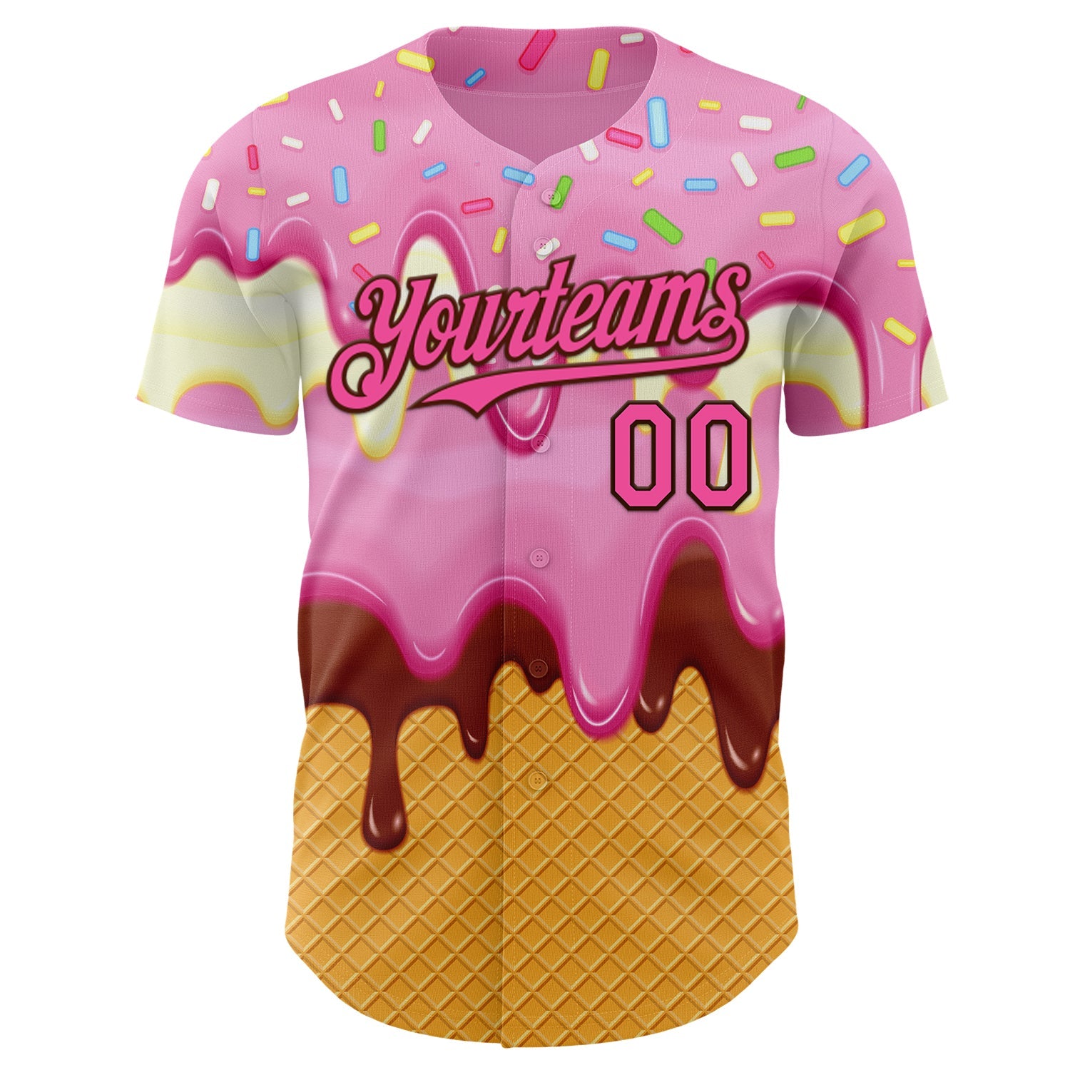 Custom Light Pink Pink Yellow-Brown Foodie Food Dessert Melting Cream Waffle Grid Authentic Baseball Jersey view 2