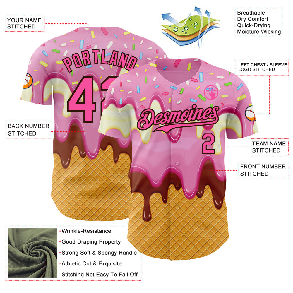 Custom Light Pink Pink Yellow-Brown Foodie Food Dessert Melting Cream Waffle Grid Authentic Baseball Jersey view 3