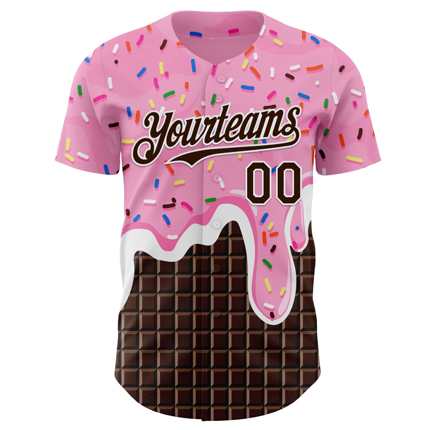 Custom Light Pink Brown-White Foodie Food Dessert Melting Cream Chocolate Grid Authentic Baseball Jersey view 2