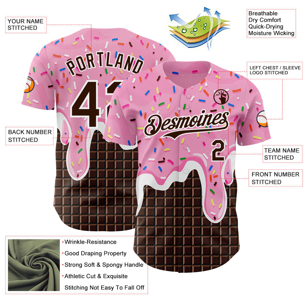 Custom Light Pink Brown-White Foodie Food Dessert Melting Cream Chocolate Grid Authentic Baseball Jersey view 3