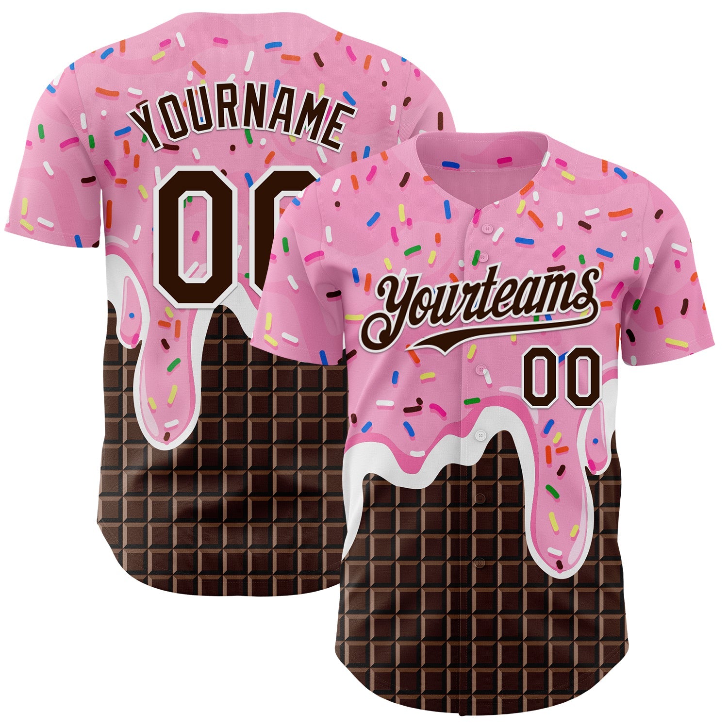 Custom Light Pink Brown-White Foodie Food Dessert Melting Cream Chocolate Grid Authentic Baseball Jersey - Main View