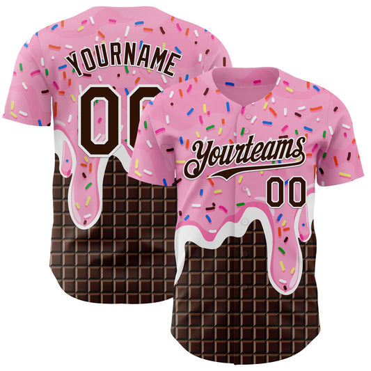 Custom Light Pink Brown-White Foodie Food Dessert Melting Cream Chocolate Grid Authentic Baseball Jersey - Main View
