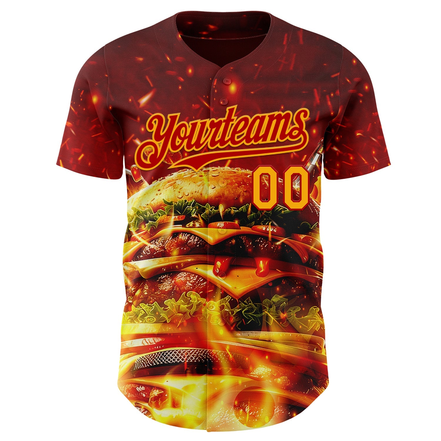 Custom Red-Yellow Foodie Fast Food Burger Authentic Baseball Jersey view 2