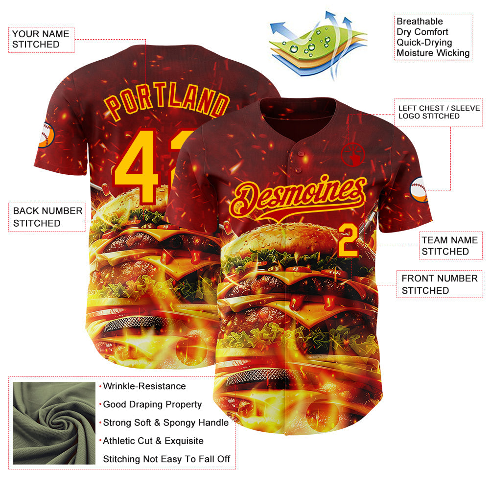 Custom Red-Yellow Foodie Fast Food Burger Authentic Baseball Jersey view 3