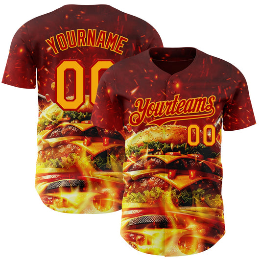Custom Red-Yellow Foodie Fast Food Burger Authentic Baseball Jersey - Main View