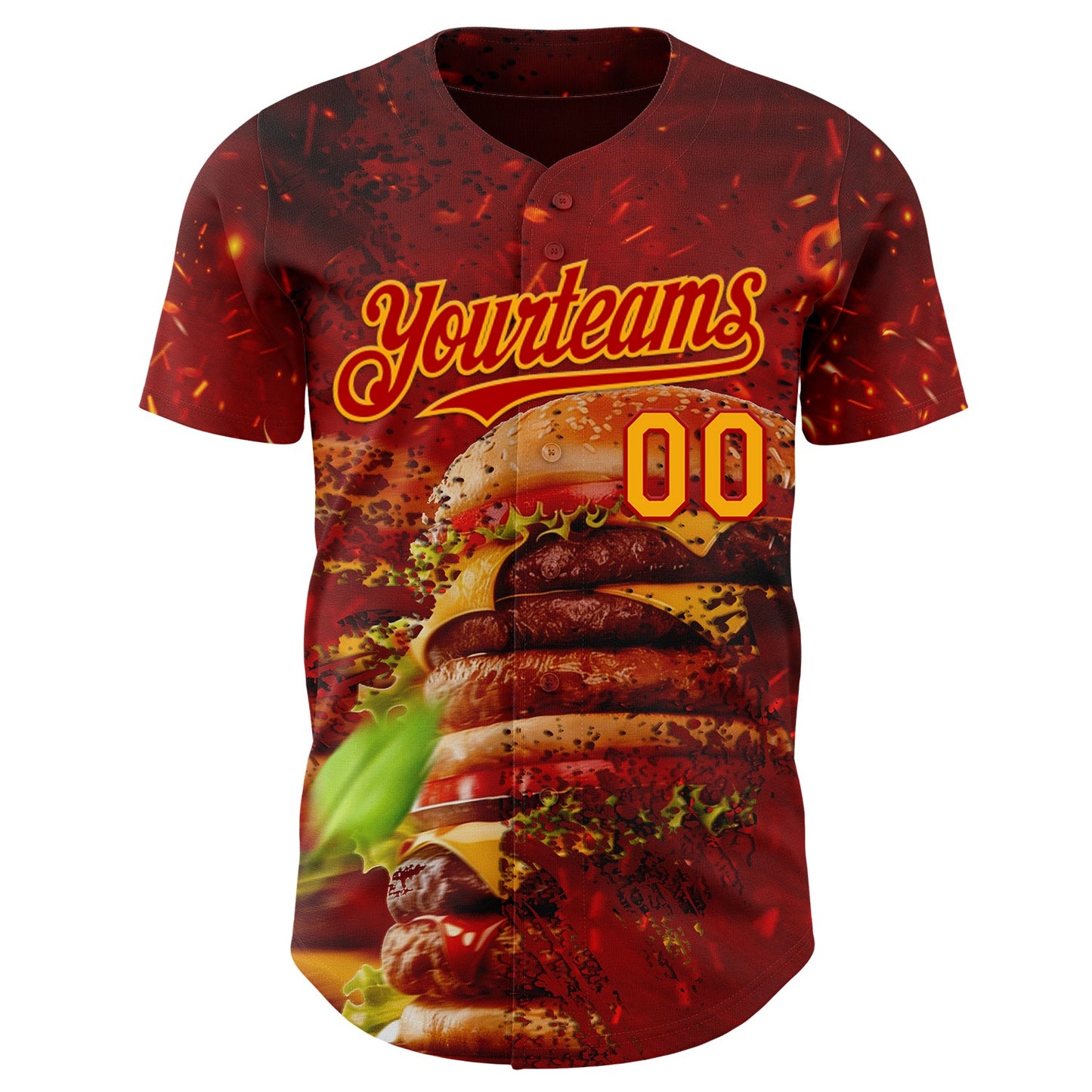 Custom Red-Yellow Foodie Fast Food Burger Authentic Baseball Jersey view 2