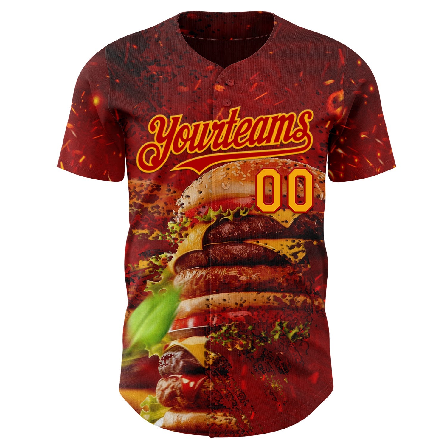 Custom Red-Yellow Foodie Fast Food Burger Authentic Baseball Jersey view 2