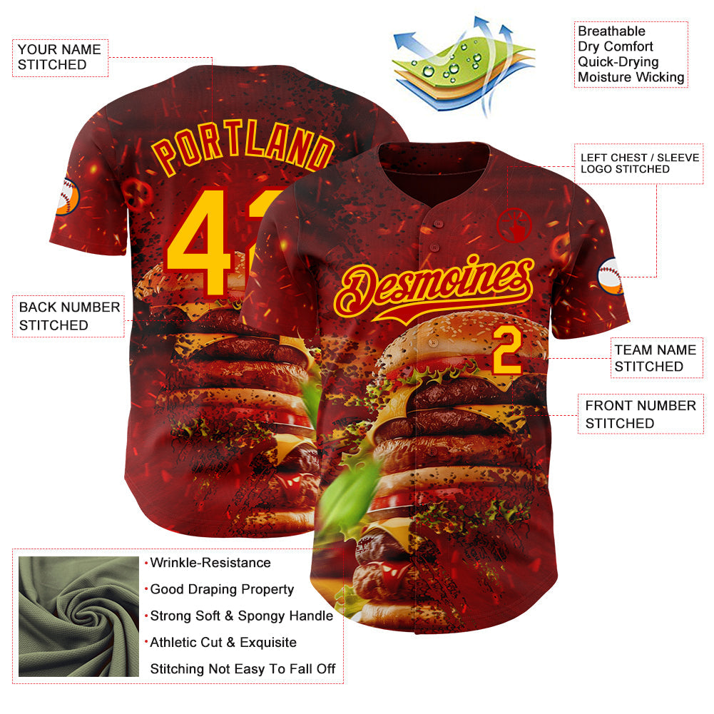 Custom Red-Yellow Foodie Fast Food Burger Authentic Baseball Jersey view 3