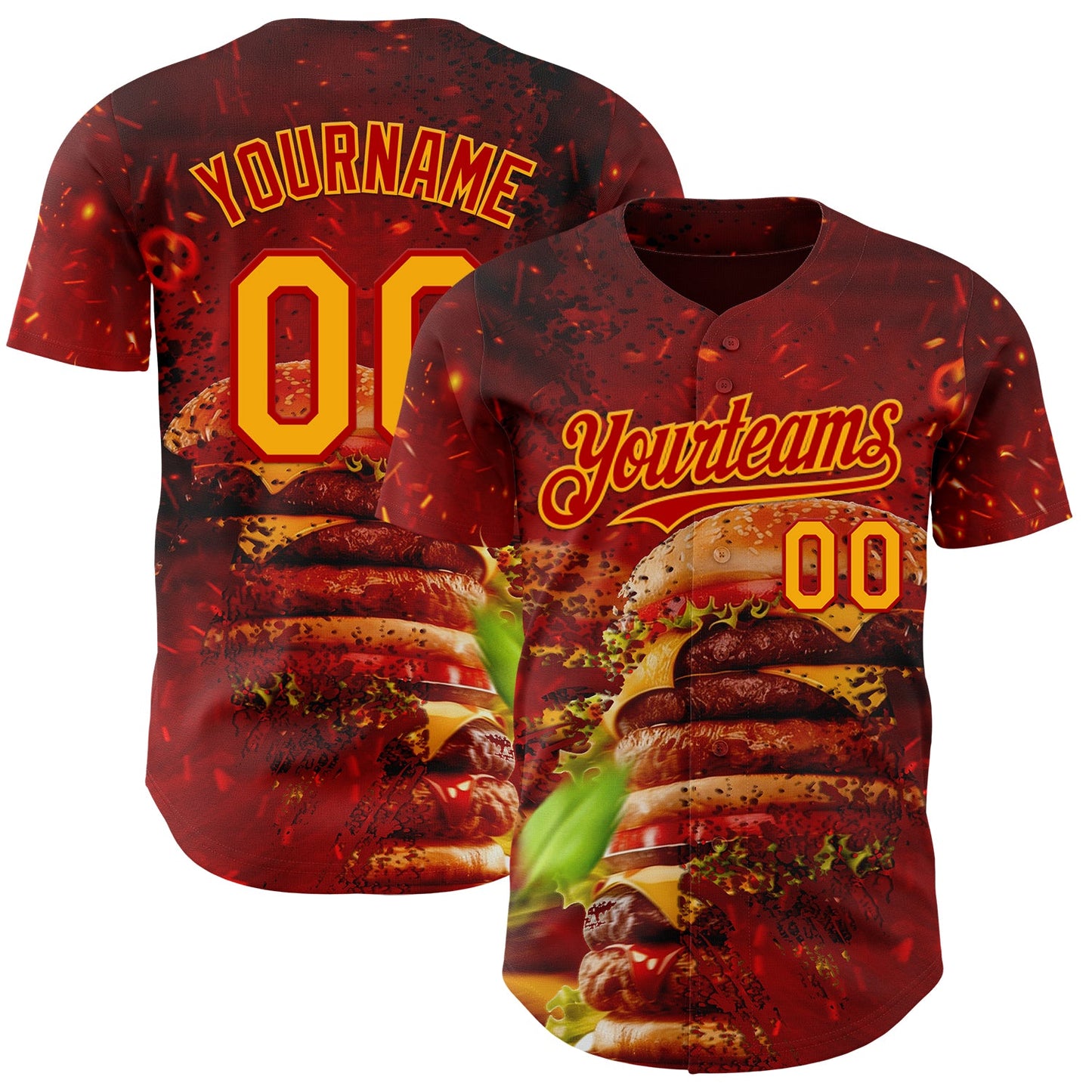 Custom Red-Yellow Foodie Fast Food Burger Authentic Baseball Jersey - Main View