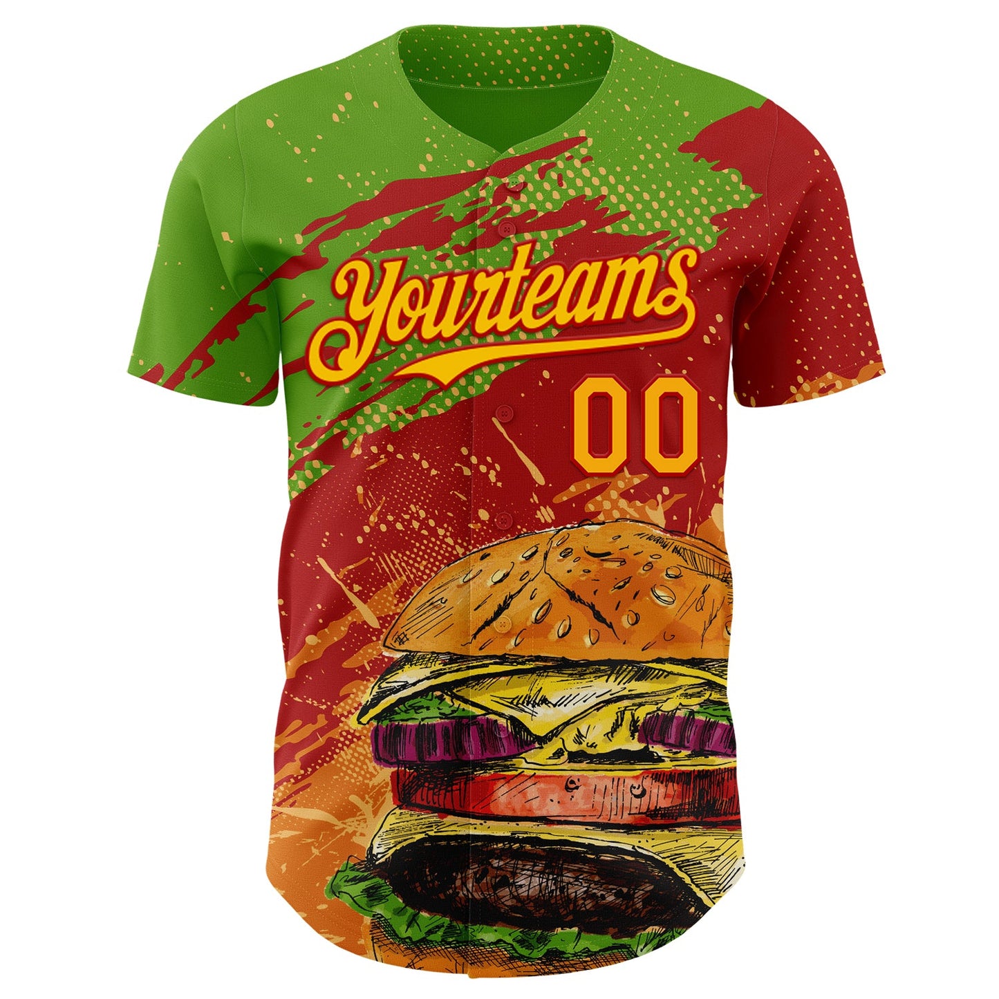 Custom Aurora Green Yellow-Red Foodie Fast Food Burger Authentic Baseball Jersey view 2