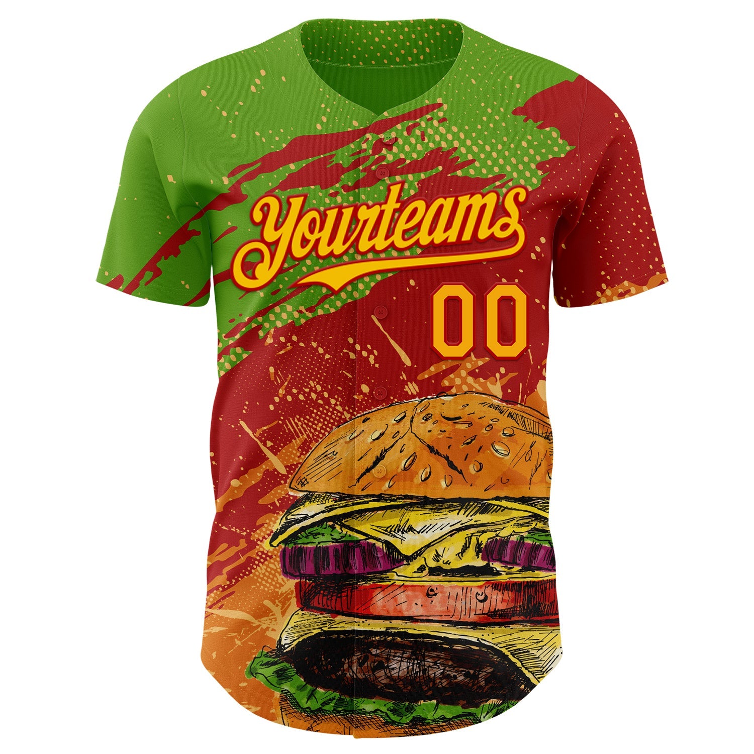 Custom Aurora Green Yellow-Red Foodie Fast Food Burger Authentic Baseball Jersey view 2