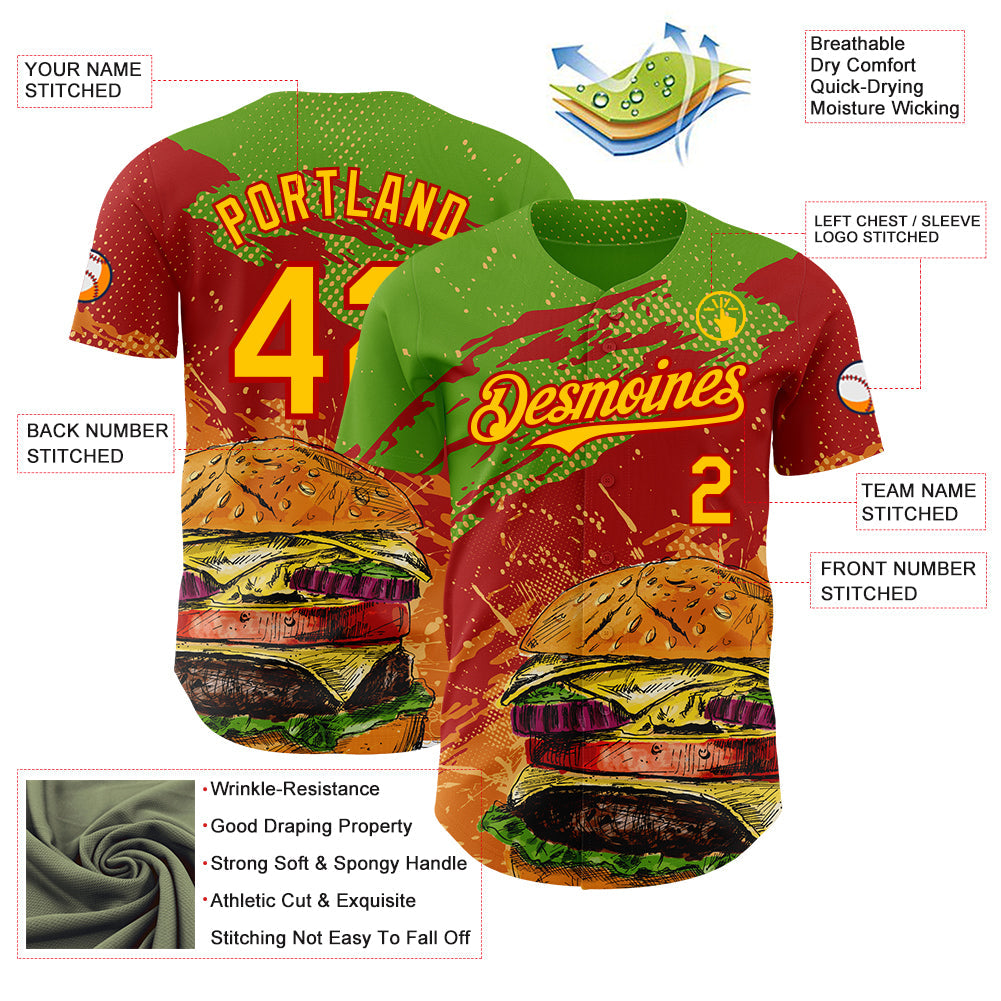 Custom Aurora Green Yellow-Red Foodie Fast Food Burger Authentic Baseball Jersey view 3