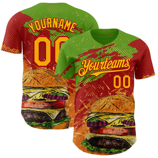 Custom Aurora Green Yellow-Red Foodie Fast Food Burger Authentic Baseball Jersey - Main View
