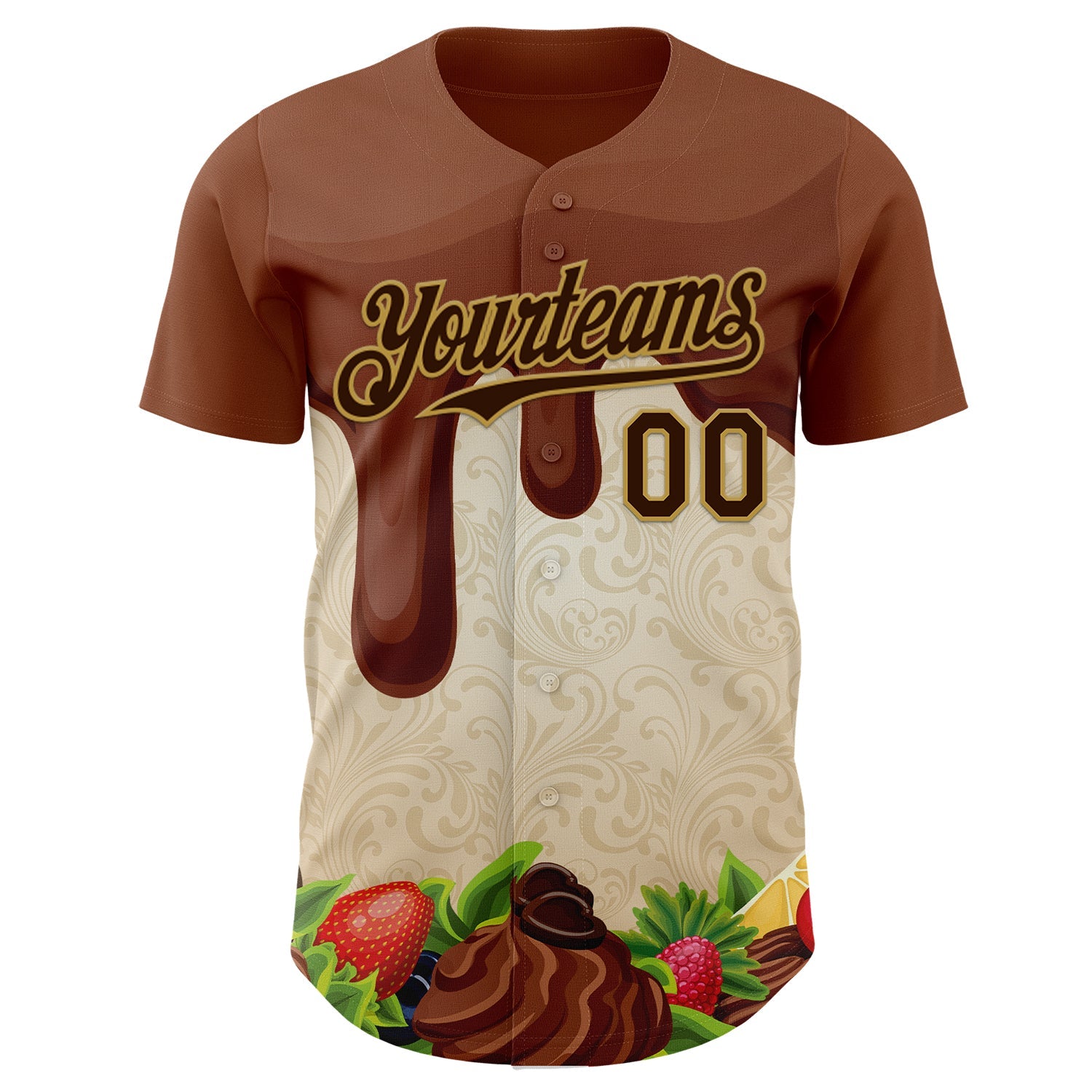 Custom Brown Cream-Old Gold Foodie Food Dessert Chocolate Fruit Authentic Baseball Jersey view 2