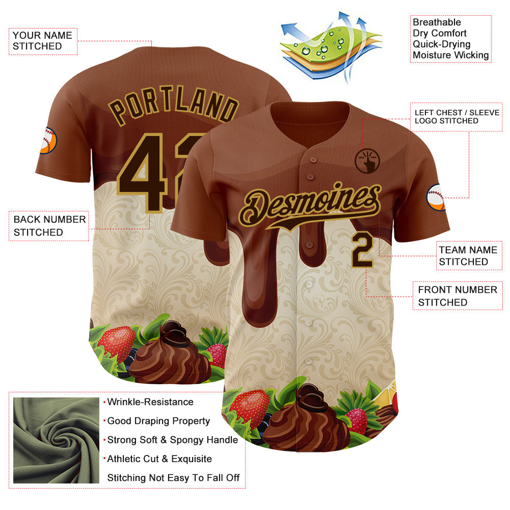 Custom Brown Cream-Old Gold Foodie Food Dessert Chocolate Fruit Authentic Baseball Jersey view 3