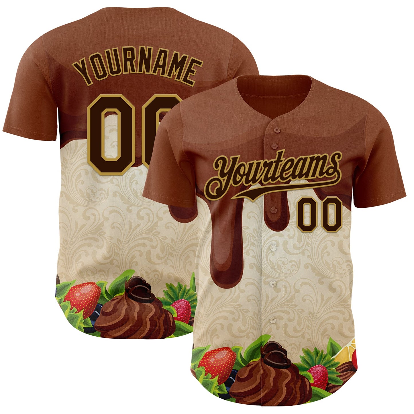 Custom Brown Cream-Old Gold Foodie Food Dessert Chocolate Fruit Authentic Baseball Jersey - Main View