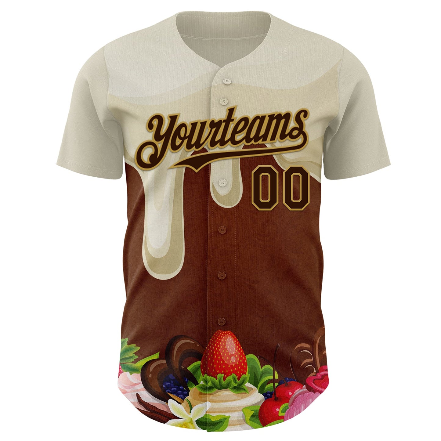 Custom Cream Brown-Old Gold Foodie Food Dessert Chocolate Fruit Authentic Baseball Jersey view 2