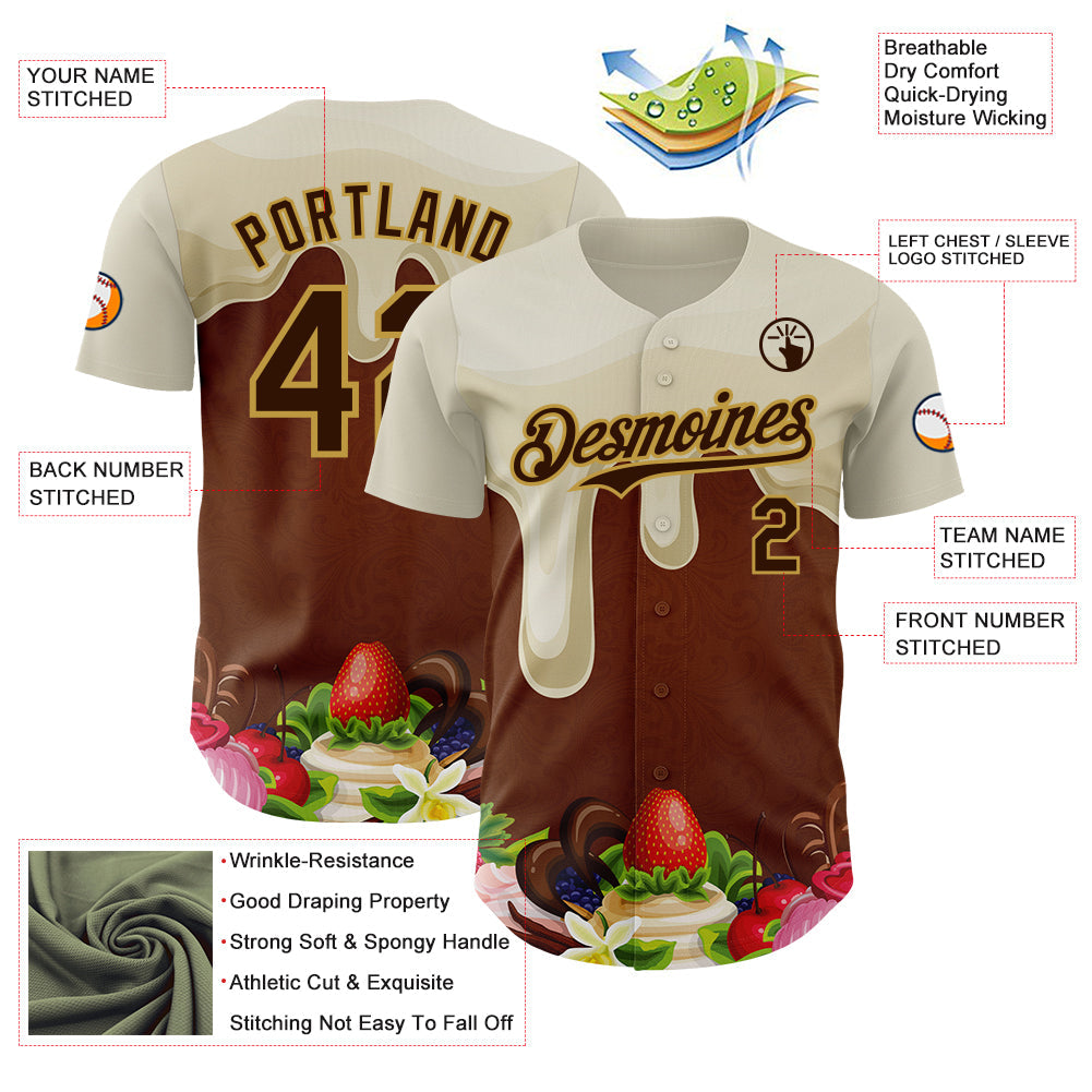 Custom Cream Brown-Old Gold Foodie Food Dessert Chocolate Fruit Authentic Baseball Jersey view 3