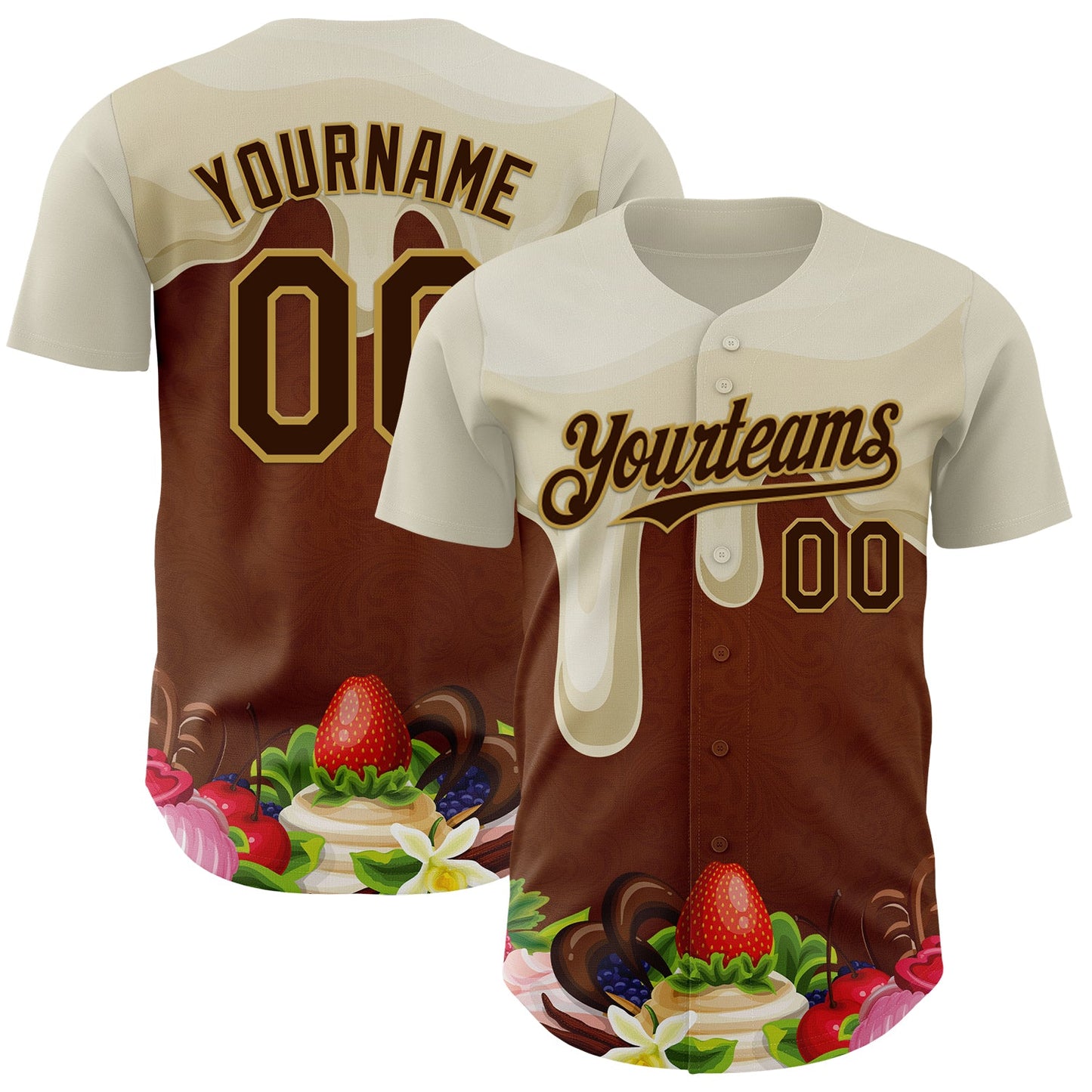 Custom Cream Brown-Old Gold Foodie Food Dessert Chocolate Fruit Authentic Baseball Jersey - Main View