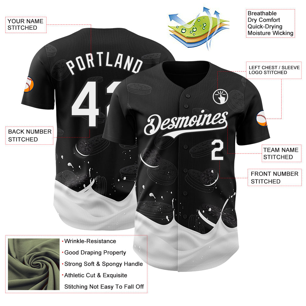 Custom Black-White Foodie Food Cookies And Milk Authentic Baseball Jersey view 3