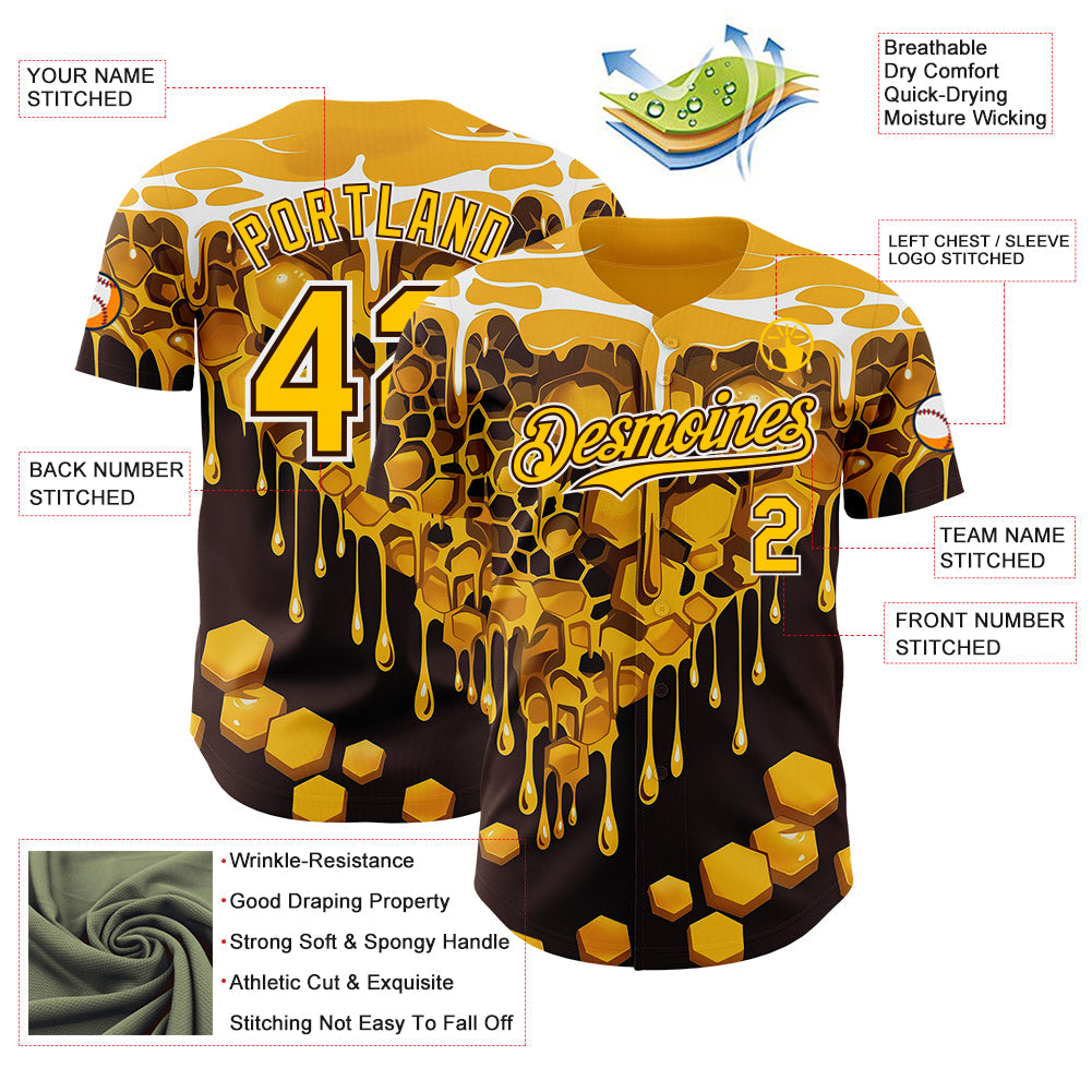 Custom Yellow Black Brown-White Foodie Food Honey Bee Authentic Baseball Jersey view 3