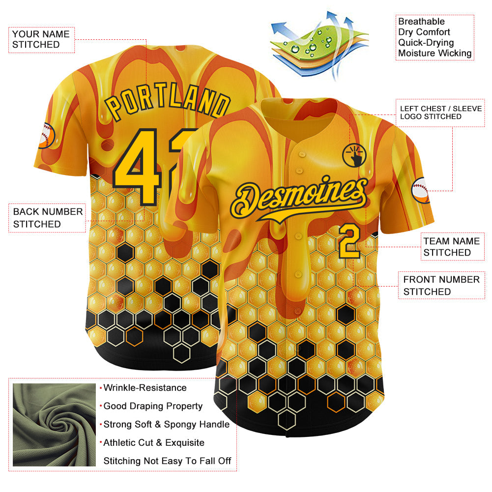 Custom Yellow-Black Foodie Food Honey Bee Authentic Baseball Jersey view 3