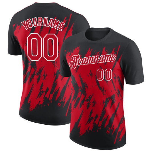 Custom Black Red-White Torn Sharp Brush Stroke Splatter Performance T-Shirt - Main View