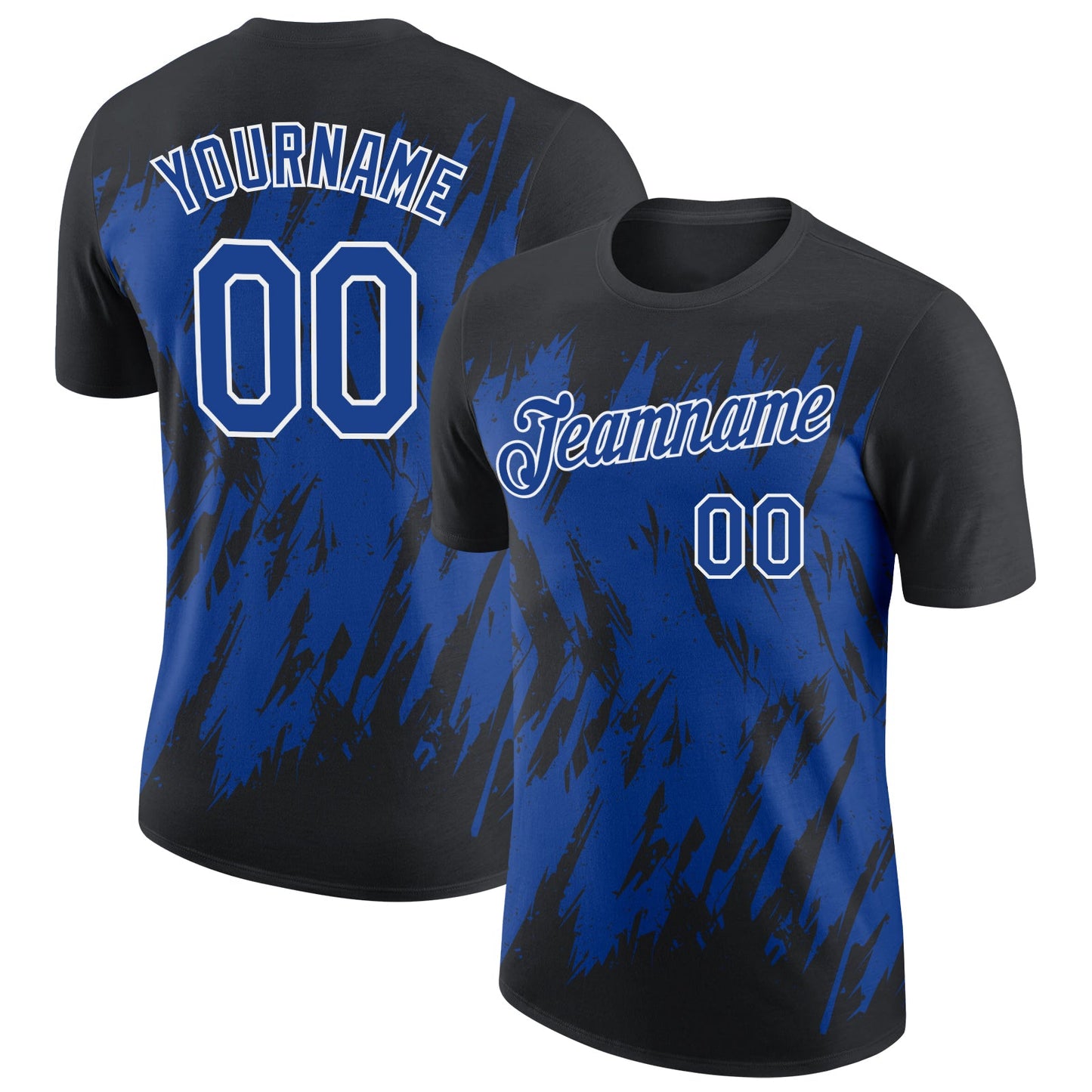 Custom Black Royal-White Torn Sharp Brush Stroke Splatter Performance T-Shirt - Main View