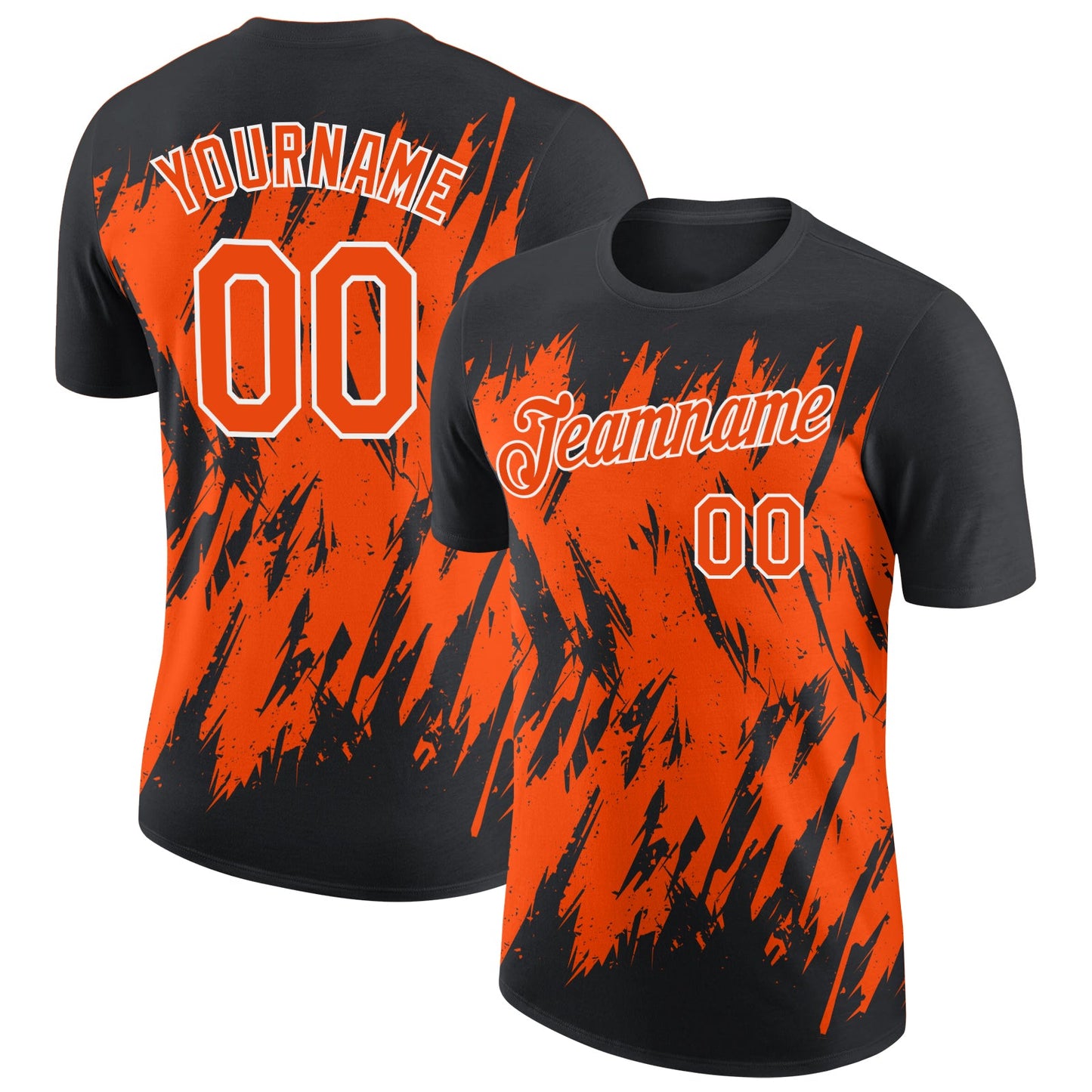 Custom Black Orange-White Torn Sharp Brush Stroke Splatter Performance T-Shirt - Main View