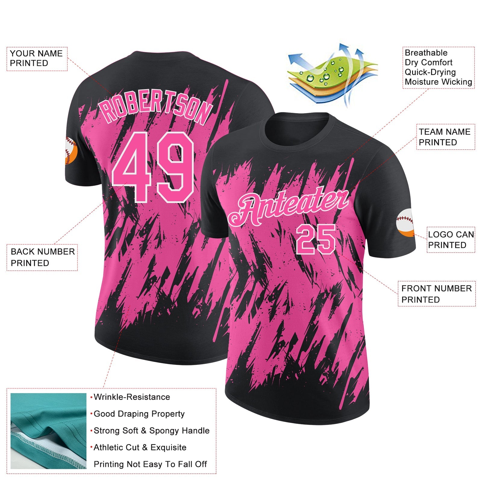 Custom Black Pink-White Torn Sharp Brush Stroke Splatter Performance T-Shirt view 2