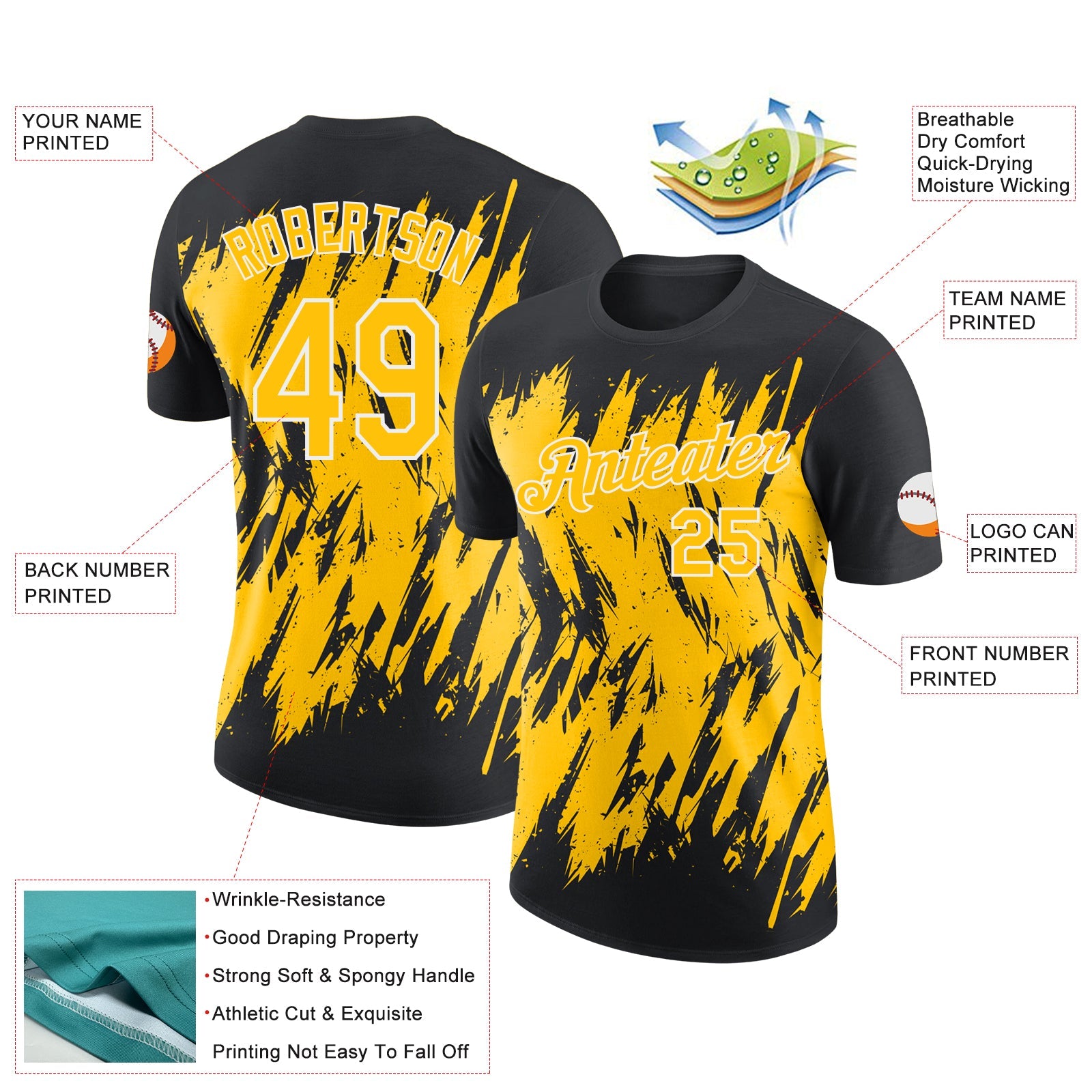 Custom Black Yellow-White Torn Sharp Brush Stroke Splatter Performance T-Shirt view 2