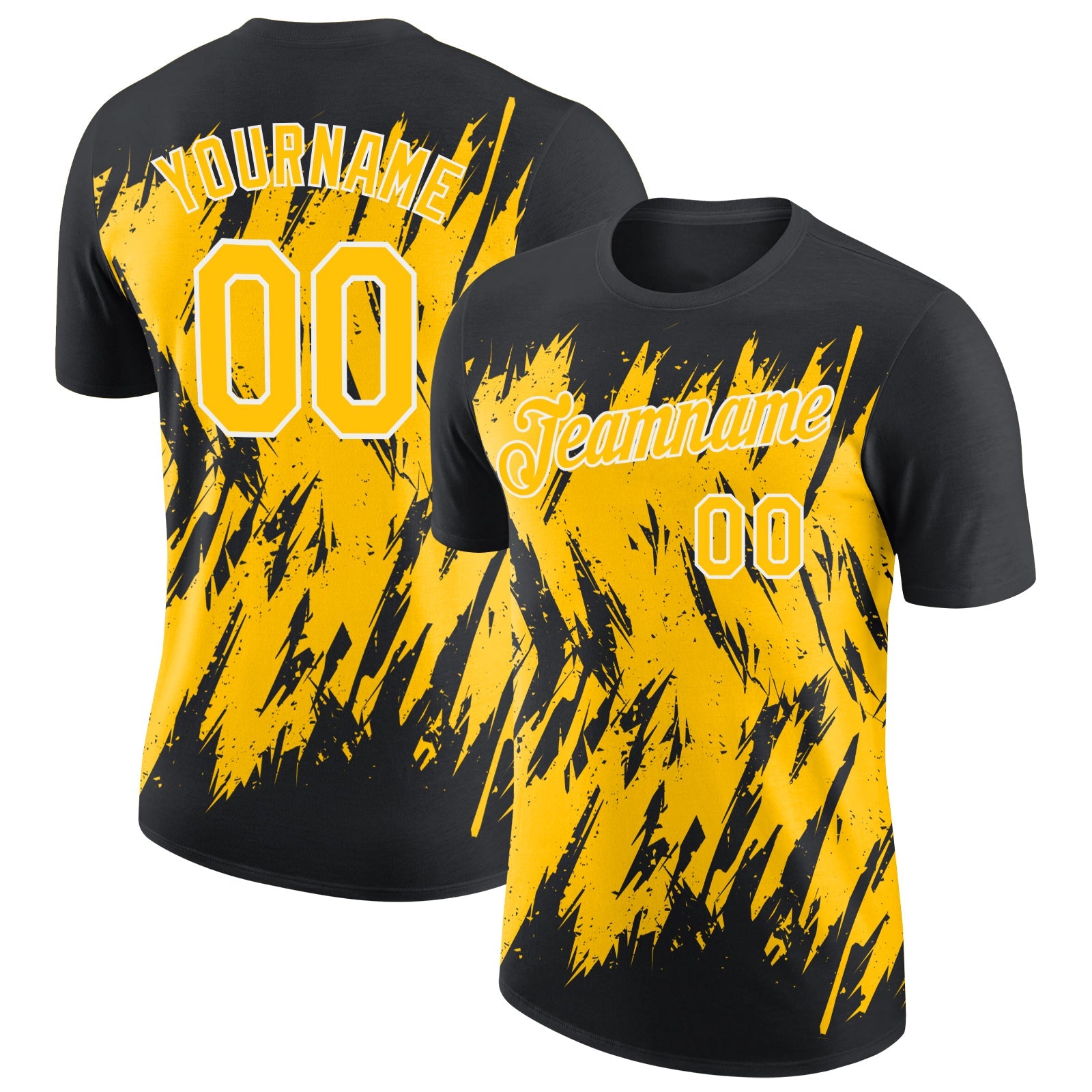 Custom Black Yellow-White Torn Sharp Brush Stroke Splatter Performance T-Shirt - Main View
