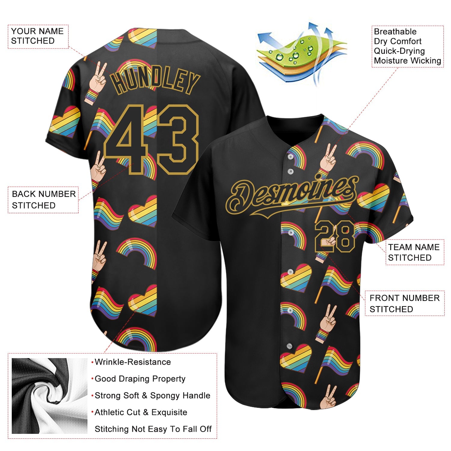 Custom Rainbow For Pride Month Love Is Love LGBT 3D Authentic Baseball Jersey view 3