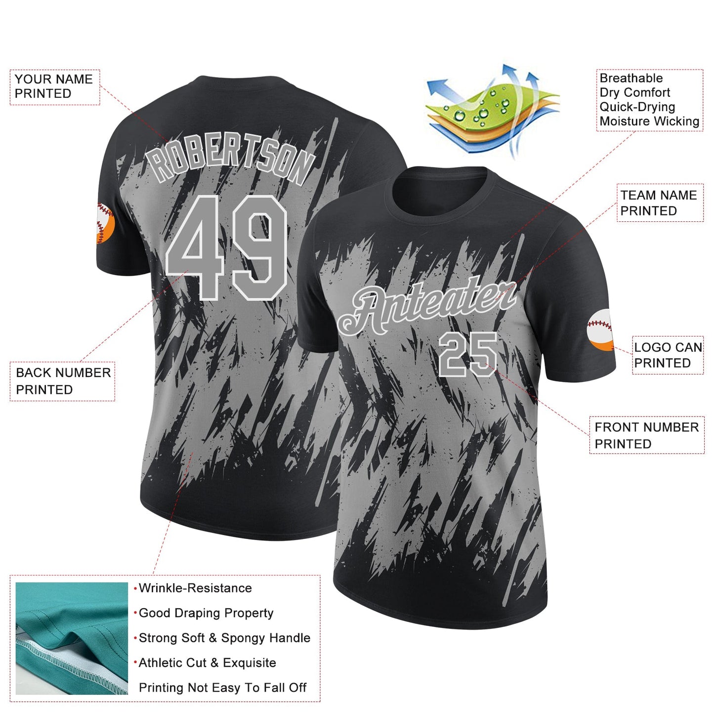 Custom Black Gray-White Torn Sharp Brush Stroke Splatter Performance T-Shirt view 2