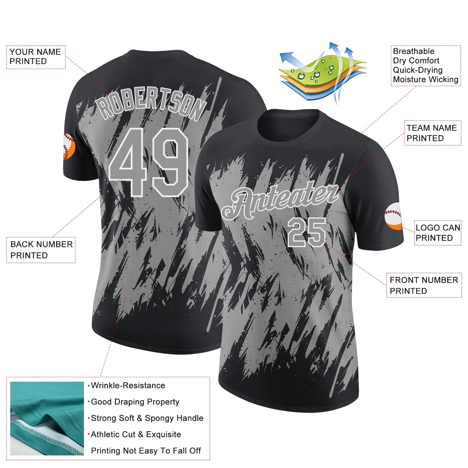 Custom Black Gray-White Torn Sharp Brush Stroke Splatter Performance T-Shirt view 2
