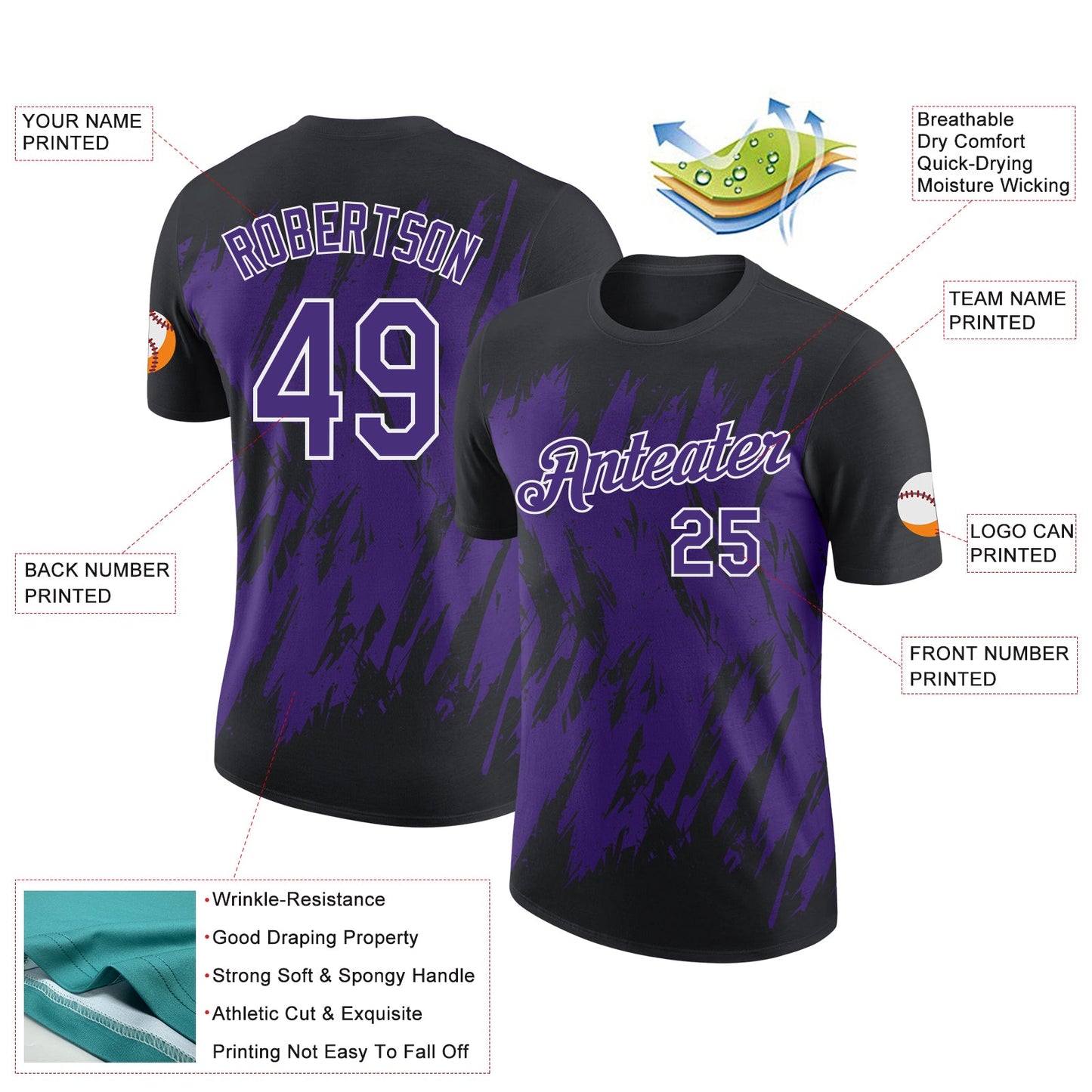 Custom Black Purple-White Torn Sharp Brush Stroke Splatter Performance T-Shirt view 2