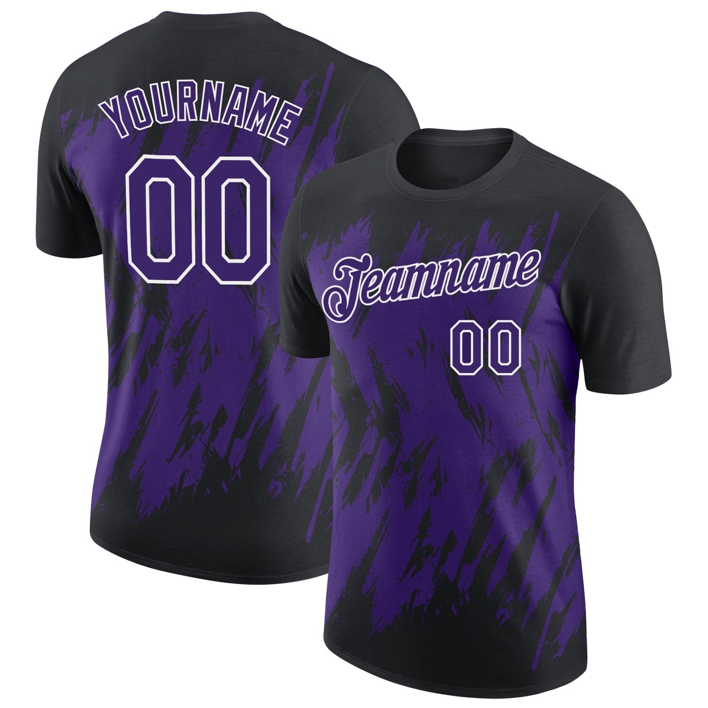 Custom Black Purple-White Torn Sharp Brush Stroke Splatter Performance T-Shirt - Main View