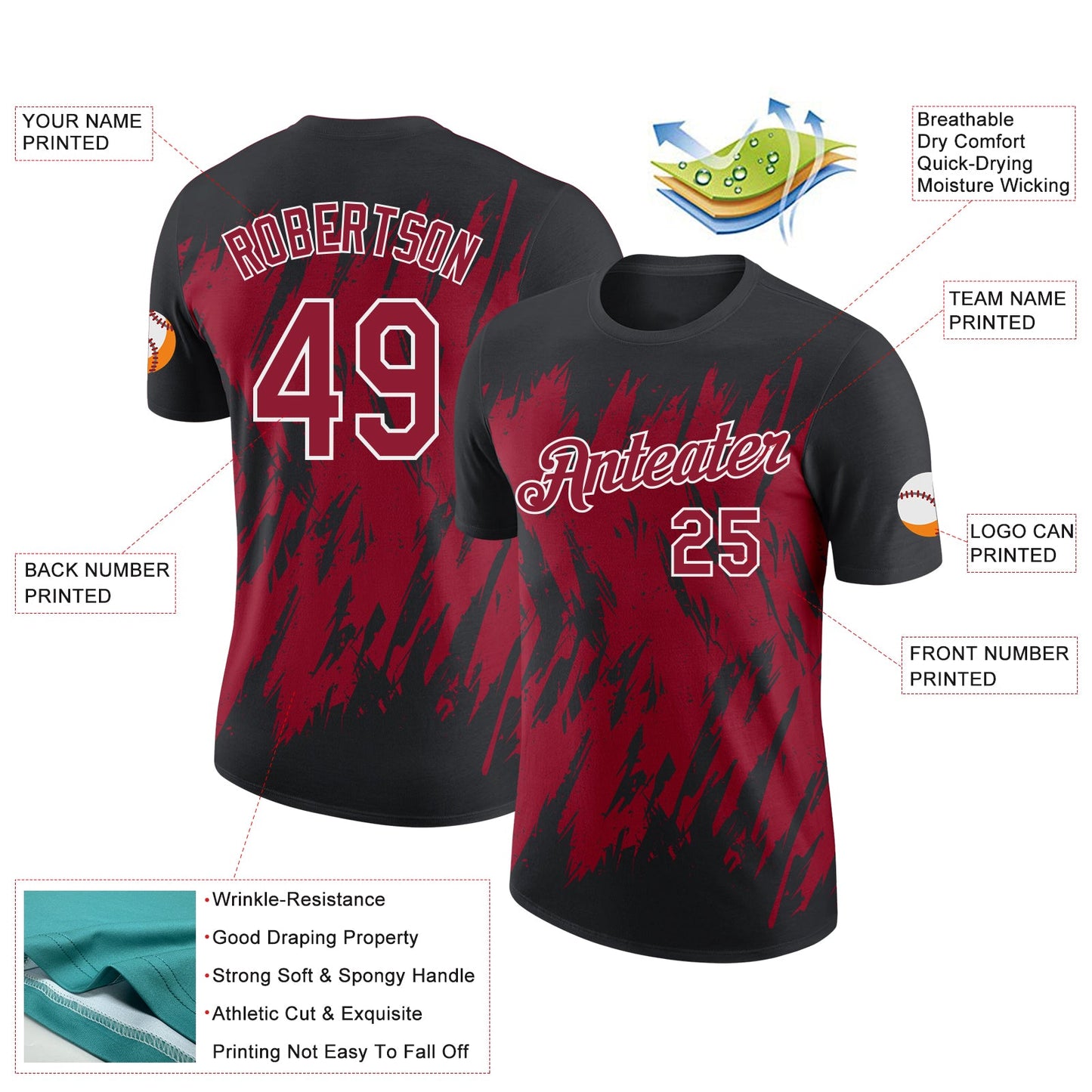 Custom Black Crimson-White Torn Sharp Brush Stroke Splatter Performance T-Shirt view 2