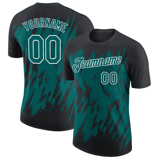Custom Black Teal-White Torn Sharp Brush Stroke Splatter Performance T-Shirt - Main View