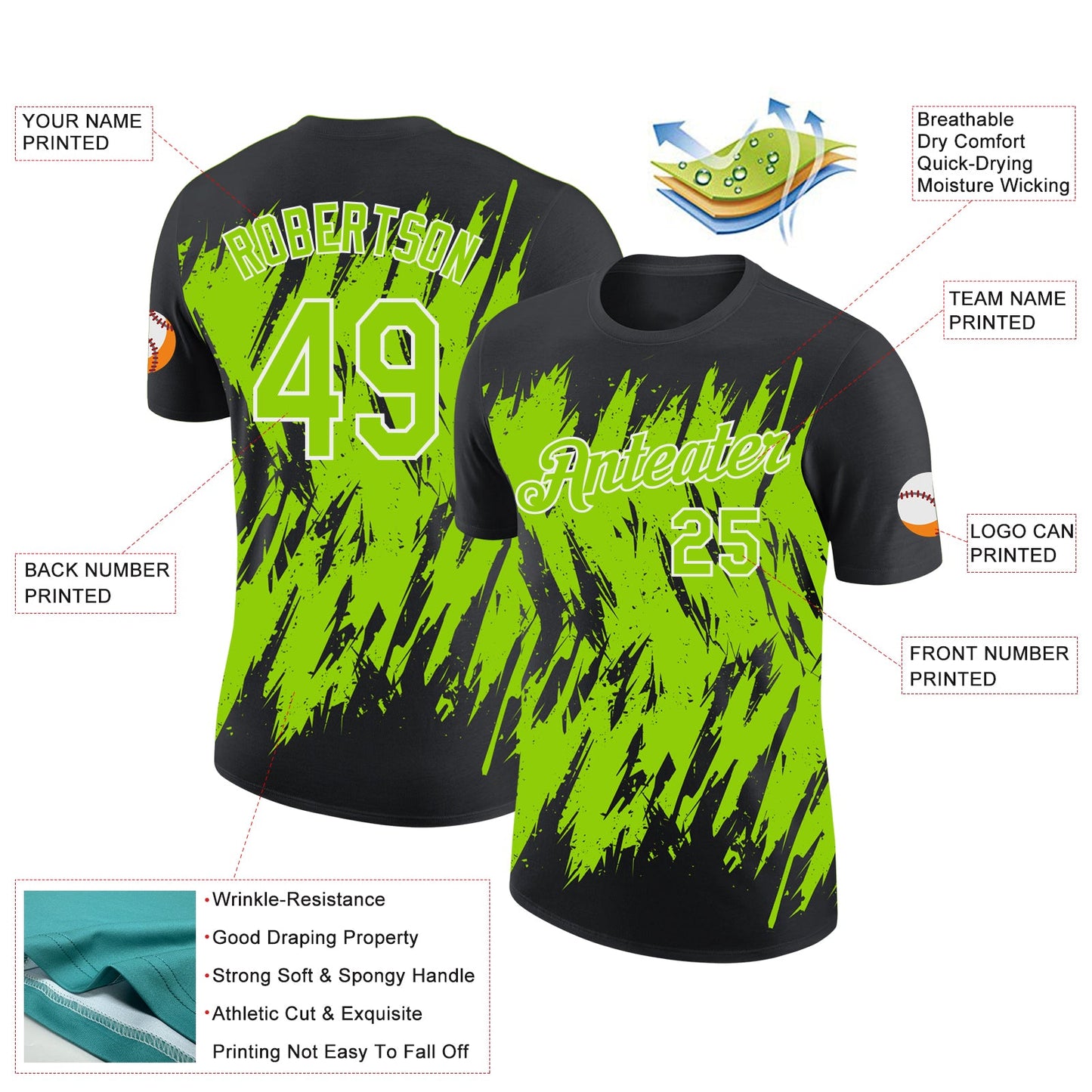 Custom Black Neon Green-White Torn Sharp Brush Stroke Splatter Performance T-Shirt view 2