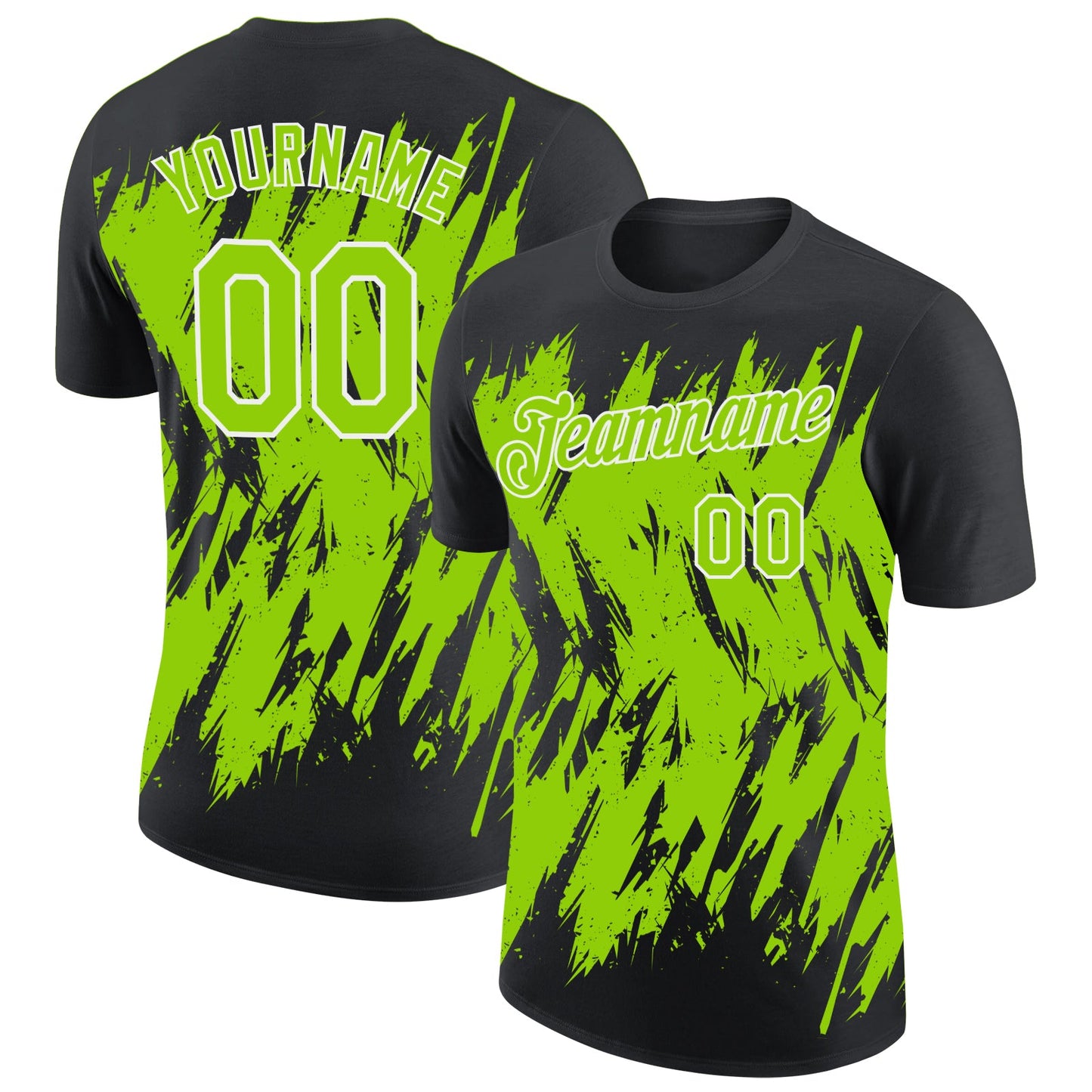 Custom Black Neon Green-White Torn Sharp Brush Stroke Splatter Performance T-Shirt - Main View