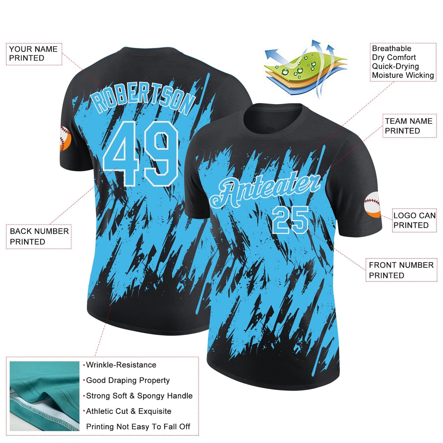 Custom Black Sky Blue-White Torn Sharp Brush Stroke Splatter Performance T-Shirt view 2