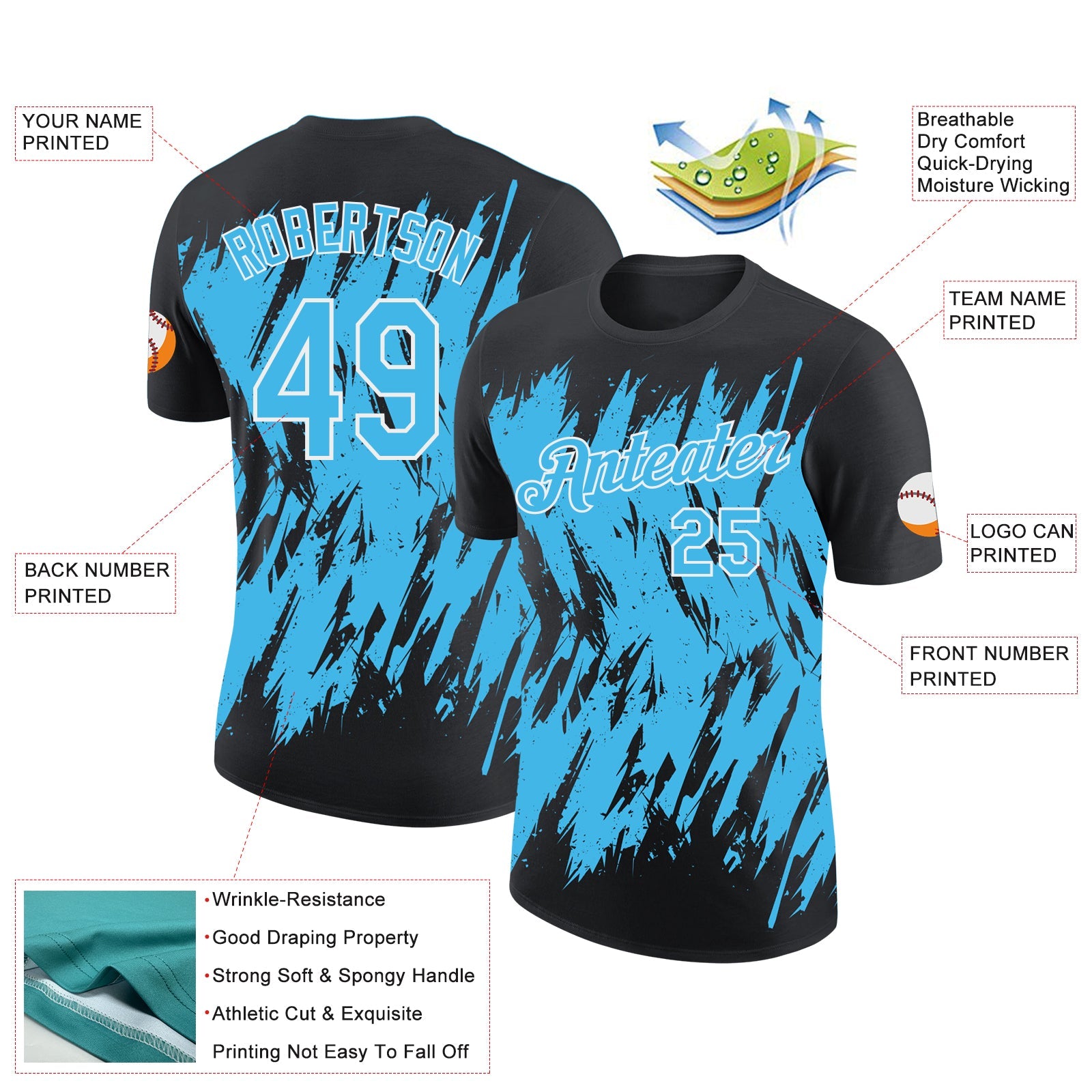 Custom Black Sky Blue-White Torn Sharp Brush Stroke Splatter Performance T-Shirt view 2