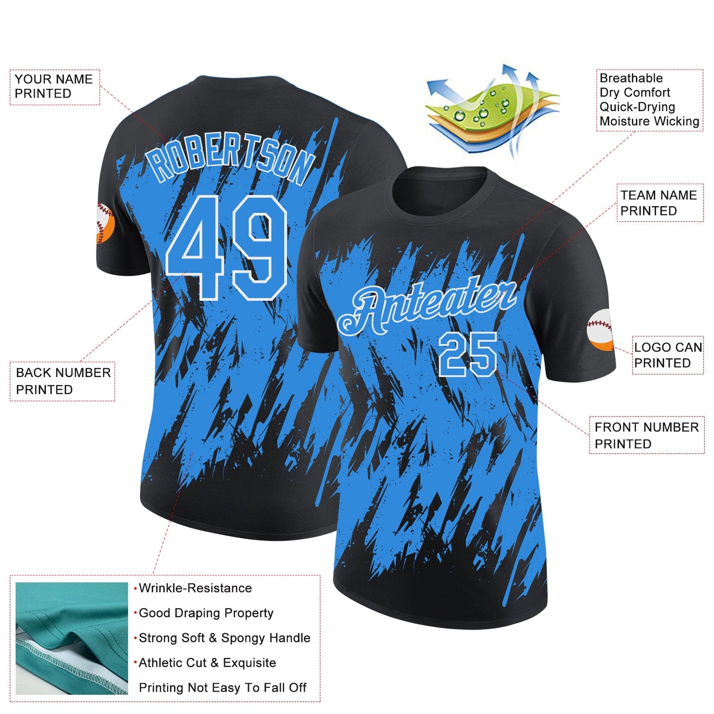 Custom Black Powder Blue-White Torn Sharp Brush Stroke Splatter Performance T-Shirt view 2
