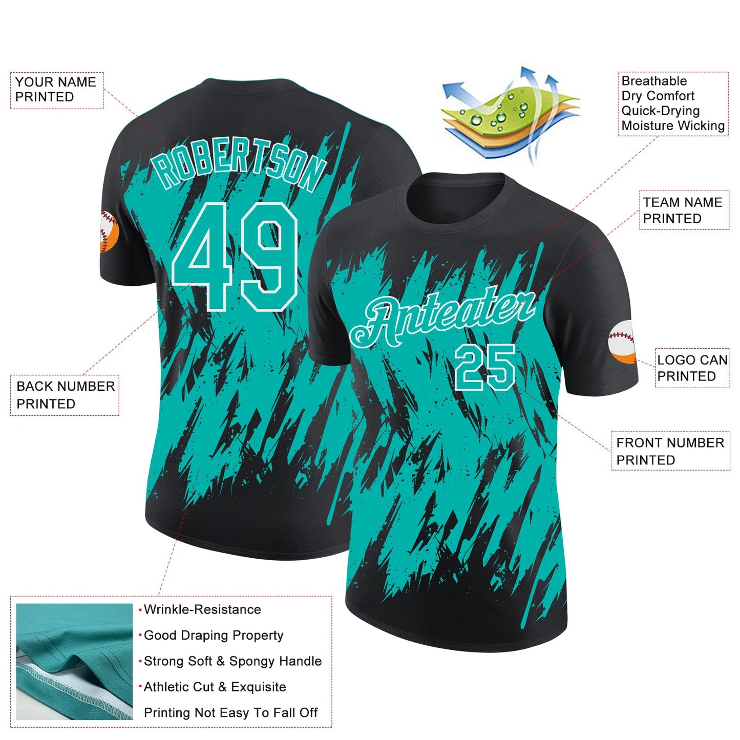 Custom Black Aqua-White Torn Sharp Brush Stroke Splatter Performance T-Shirt view 2