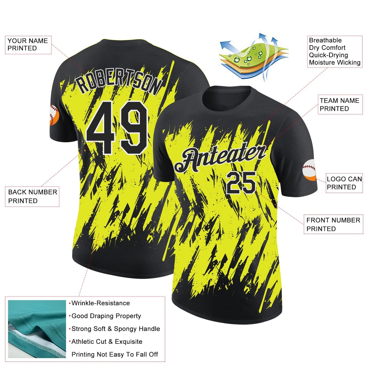 Custom Black Neon Yellow-White Torn Sharp Brush Stroke Splatter Performance T-Shirt view 2